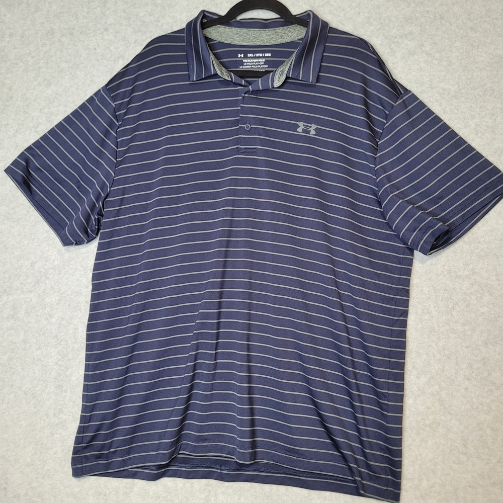 Under Armour Mens 2XL The Playoff Polo Navy Blue Grey Striped Golf Shirt Loose